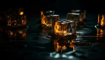 en lysande ljus tänds de whisky glas på de mörk tabell genererad förbi ai foto