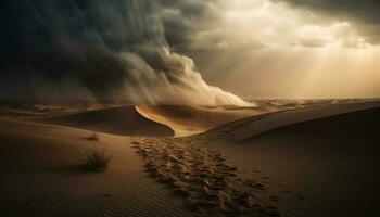 lugn solnedgång över krusigt sand sanddyner i avlägsen vildmark område genererad förbi ai foto