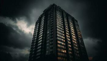 stål skyskrapa silhuett mot lynnig himmel, reflekterande trogen stad liv genererad förbi ai foto