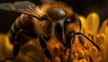 upptagen honung bi pollinerar enda blomma i natur skönhet genererad förbi ai foto