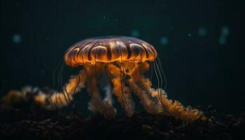 giftig nässeldjur tentakel glöder i mörk under vattnet rev skönhet genererad förbi ai foto