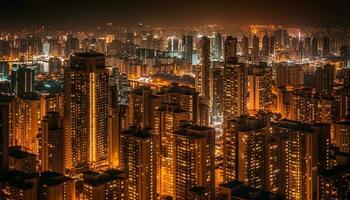 beijing modern horisont glöder på skymning, en trogen stadsbild genererad förbi ai foto