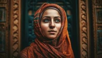 ett skön kvinna i hijab utstrålar elegans och andlighet genererad förbi ai foto