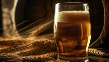 en skummande halvliter av gyllene öl hällde från en rustik tunna genererad förbi ai foto
