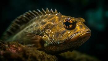 stänga upp av en söt gul balloonfish i tropisk saltvatten rev genererad förbi ai foto