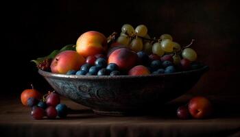 rustik frukt skål på trä- tabell, en friska skörda måltid genererad förbi ai foto