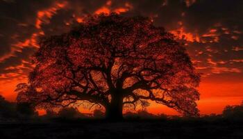 silhuett av akacia träd tillbaka belyst förbi orange solnedgång himmel genererad förbi ai foto