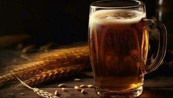 en skummande halvliter av guld färgad öl hällde på en rustik bryggeri genererad förbi ai foto