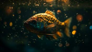 vibrerande skola av mång färgad fisk simma i tropisk rev bakgrund genererad förbi ai foto
