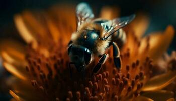 upptagen honung bi samlar pollen från gul blomma i springtime genererad förbi ai foto