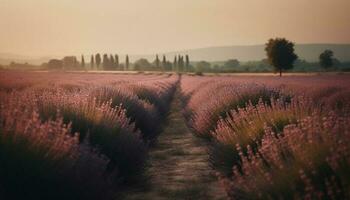 en lugn solnedgång över en lila äng, natur aromaterapi genererad förbi ai foto