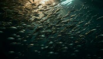 en skola av fisk simmar i de djup blå hav genererad förbi ai foto