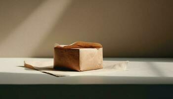 rustik kartong låda insvept i brun papper, perfekt för frakt genererad förbi ai foto