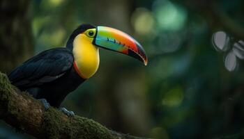 de vibrerande toucan sittpinnar på en grön gren i natur genererad förbi ai foto