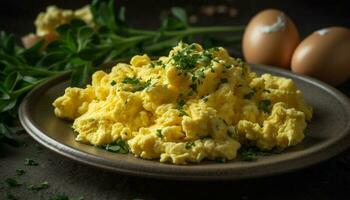 en gourmet vegetarian omelett med färsk grönsaker på en rustik tallrik genererad förbi ai foto