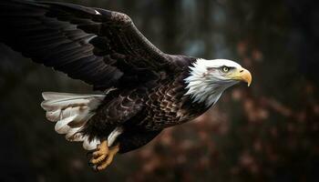 de majestätisk skallig Örn, symbol av amerikan patriotism, i flyg genererad förbi ai foto