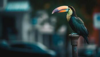 vibrerande toucan perching på gren, visa upp mång färgad fjädrar genererad förbi ai foto