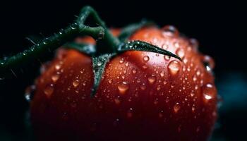 mogen tomat glittrar med dagg, en färsk släppa av natur genererad förbi ai foto