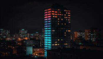 silhuett av trogen skyskrapor glöd i mång färgad stad horisont genererad förbi ai foto