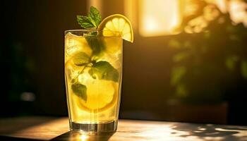 en uppfriskande mojito cocktail med citrus- frukt och pepparmynta löv genererad förbi ai foto
