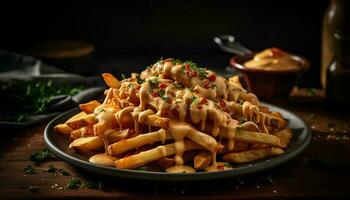 friska hemlagad bakad frites med kryddad vegetabiliska stack och grillad fläsk genererad förbi ai foto