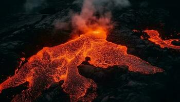 smältande lava flöden i eldig inferno, förorenande naturlig landskap genererad förbi ai foto