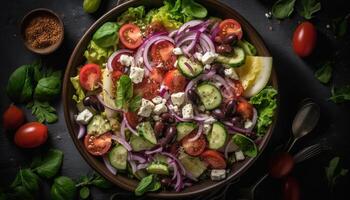 en gourmet aptitretare tallrik med organisk grönsaker och mozzarella skiva genererad förbi ai foto