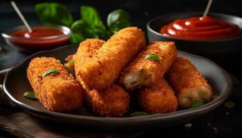 djup friterad kyckling nuggets med välsmakande sås, perfekt pub mat aptitretare genererad förbi ai foto