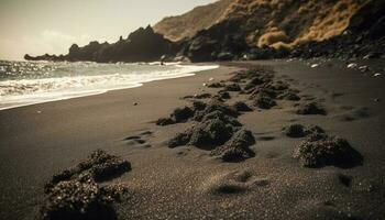 en lugn marinmålning på skymning, med fotspår i de sand genererad förbi ai foto