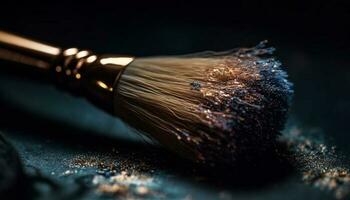 metallisk paintbrush skapar abstrakt skönhet på mörk trä- bakgrund genererad förbi ai foto