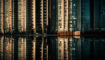 modern skyskrapa speglar stad liv i panorama- vid vatten bakgrund genererad förbi ai foto