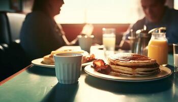 män och kvinnor njut av brunch utomhus, dricka kaffe och orange juice genererad förbi ai foto