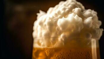 skummande öl släppa på glas, uppfriskande dryck genererad förbi ai foto