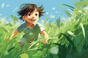 illustration av unge spelar i gräs tillverkad med generativ ai foto