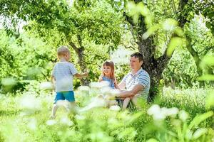 en caucasian man Sammanträde under en träd med hans ung son och en dotter i en parkera foto