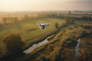 över se på Drönare flygande över de landskap, skapas med generativ ai foto