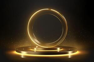 gyllene runda metall cirkel ringar ledande till podium. lysande. ai generativ foto