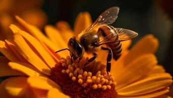 upptagen honung bi plockning upp gul pollen genererad förbi ai foto