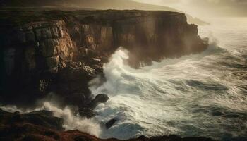 grov sandsten klippor krascha in i majestätisk vågor genererad förbi ai foto