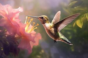 kolibri i flyg med blommor med ai genererad. foto