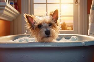 söt hund tar en bad i en badkar på Hem med ai genererad. foto