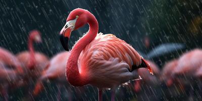 rosa flamingo i de regn med bokeh bakgrund med ai genererad. foto