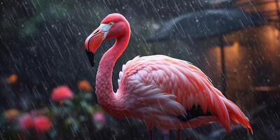 rosa flamingo i de regn med bokeh bakgrund med ai genererad. foto