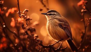 små fågel perching på kvist, sång på skymning genererad förbi ai foto