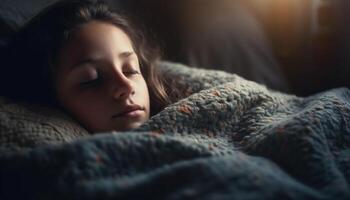 söt caucasian barn sovande i värma mysigt säng genererad förbi ai foto