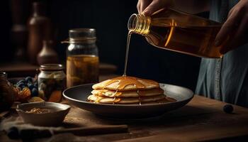 en stack av hemlagad pannkakor med honung sirap genererad förbi ai foto