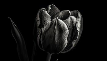 svartvit tulpan blomma på svart bakgrund skönhet genererad förbi ai foto