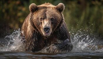 majestätisk grizzly Björn stänk i blå damm genererad förbi ai foto