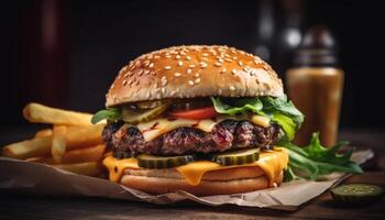 grillad burger och pommes frites, klassisk amerikan lunch generativ ai foto