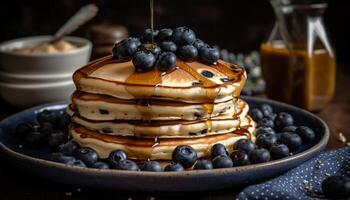 färsk blåbär pannkakor staplade hög med sirap genererad förbi ai foto